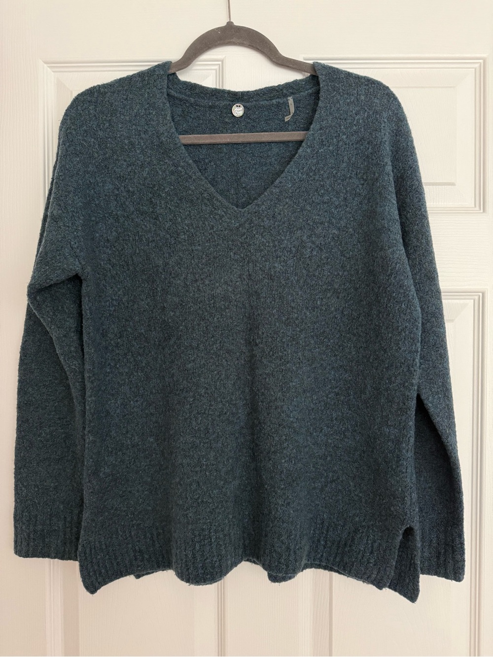 Margaret O'Leary Merino Wool Teal V-Neck Sweater (S)